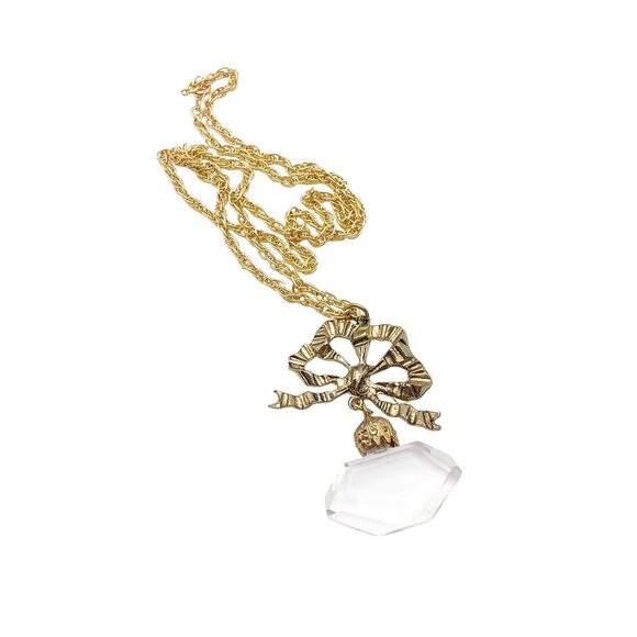 Vintage Gold Tone Bow Pendant Necklace with Clear Drop on Chain - Picture 2 of 4